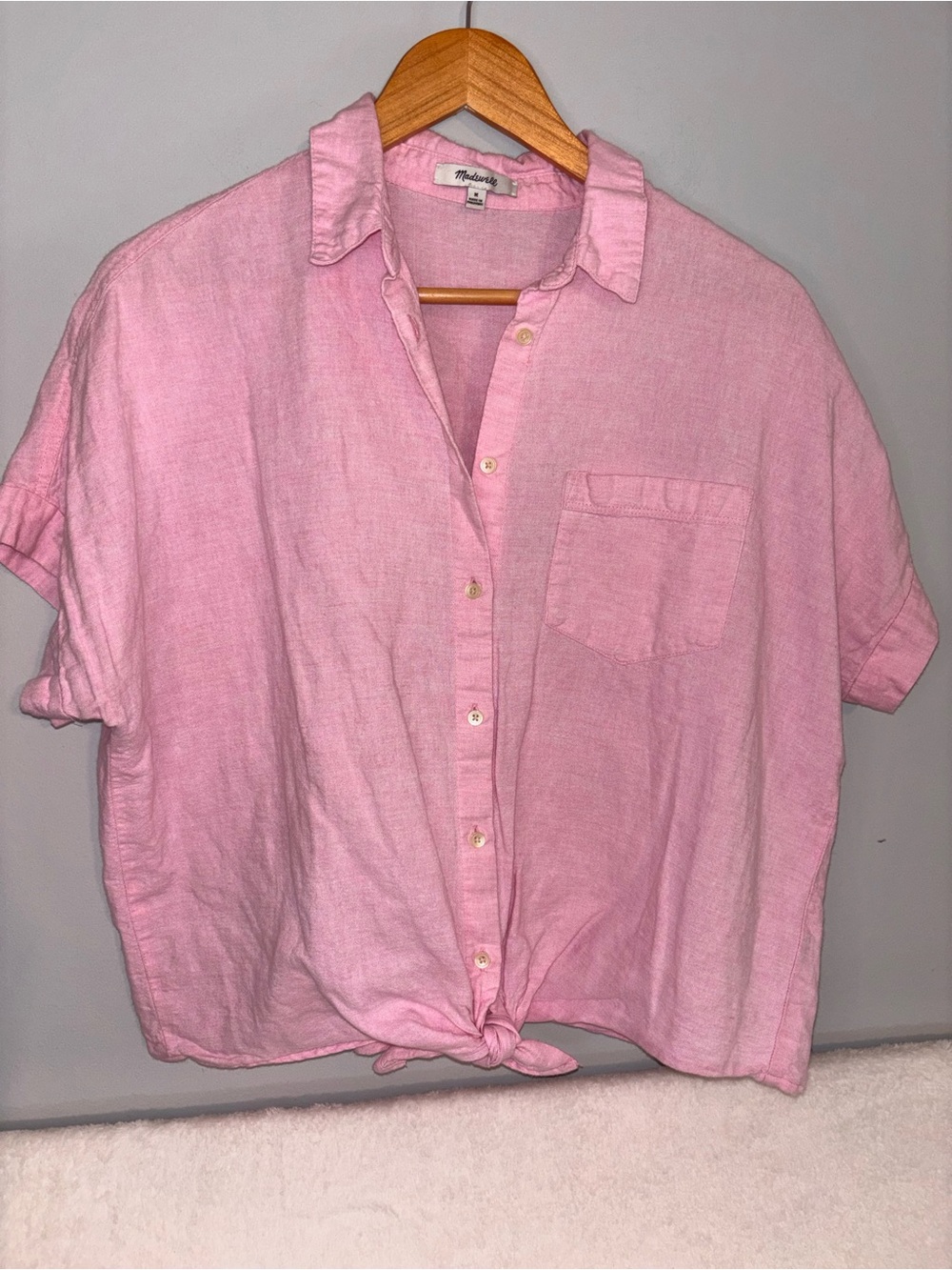 EUC! Madewell Soft Pink Linen Button-Up Shirt knot Tye Size Medium